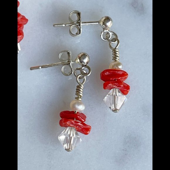 Tiny Potato Pearls w/ Small Vintage Red Coral Branches Bracelet & Earring Set - Picture 4 of 6